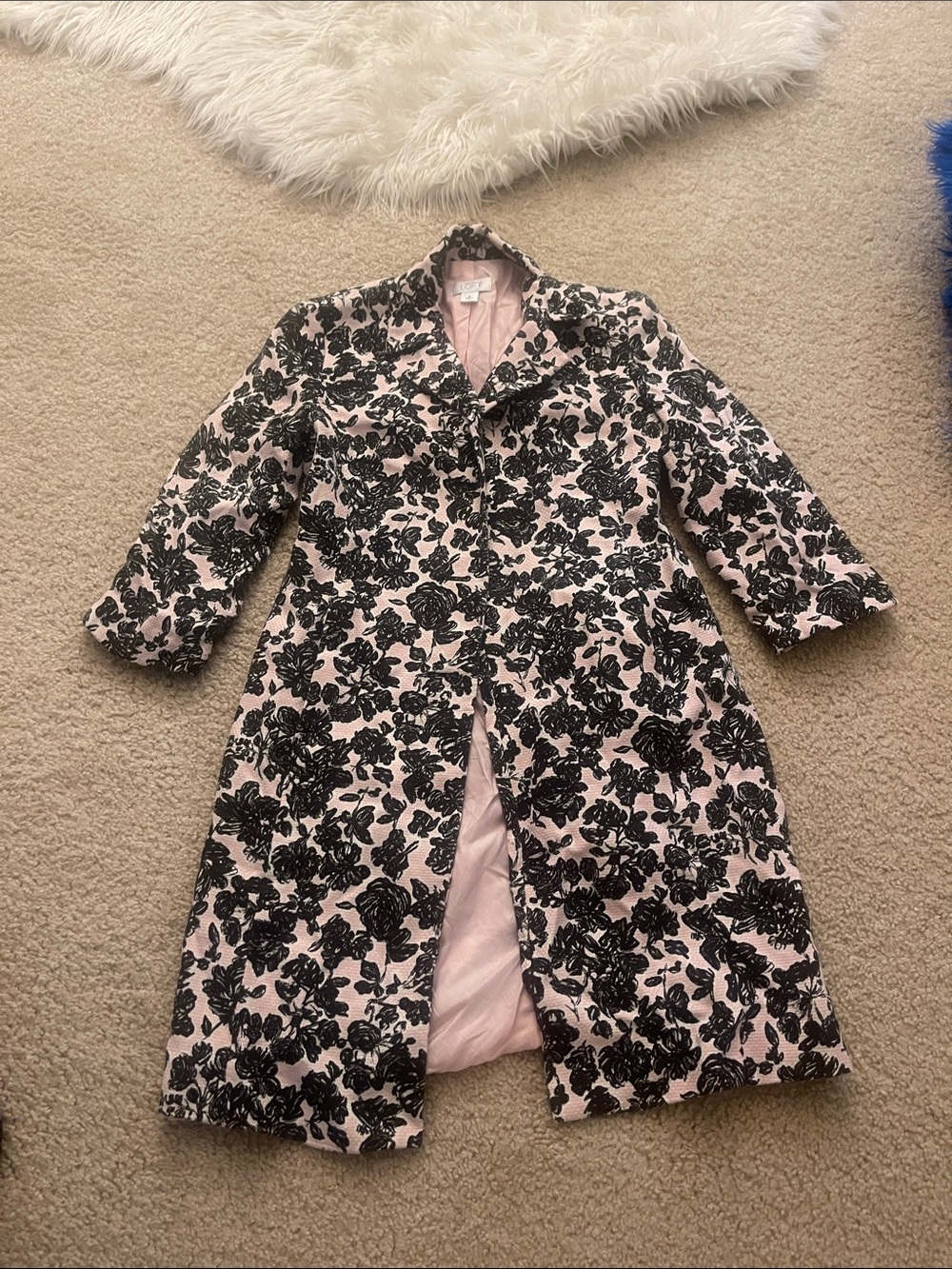 LOFT Pink Trench Coat with Black Floral Overlay